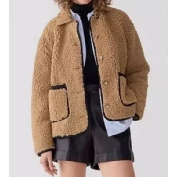 NWT J.CREW JACKET SHERPA BORG BARN CAMEL TAN BLACK LONGLINE MINIMALIST WINTER - Picture 2 of 13